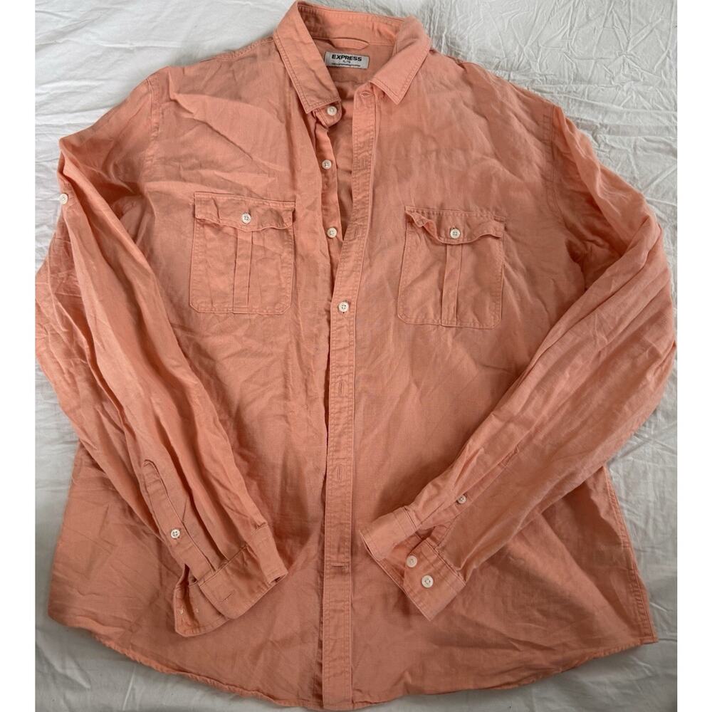 Express Peach Pastel Linen Cotton Button-Up Shirt Long Sleeve Size XL